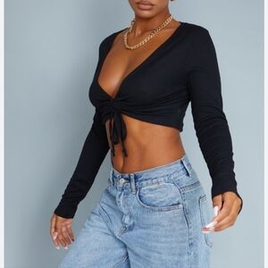 Black long sleeve ribbon tie in front